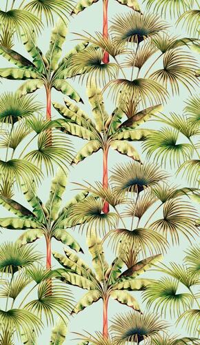 Vliesová napájateľná štrukturovaná tapeta, Zelené exotické palmy v šedom